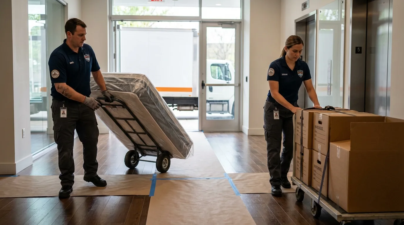 Professional apartment movers loading elevator in Corydon, IN